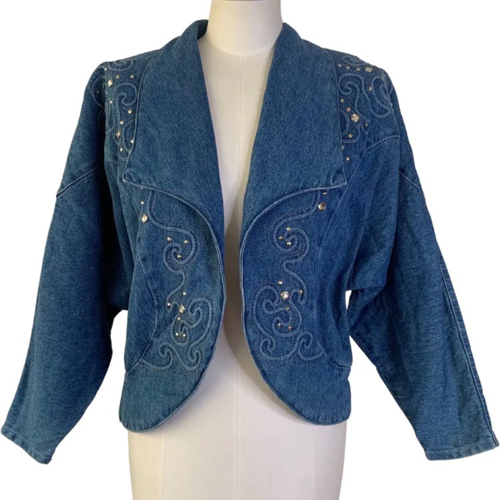 Vintage ‘80s MASS Rhinestone-Studded Batwing Denim Blue Jean Jacket S/M